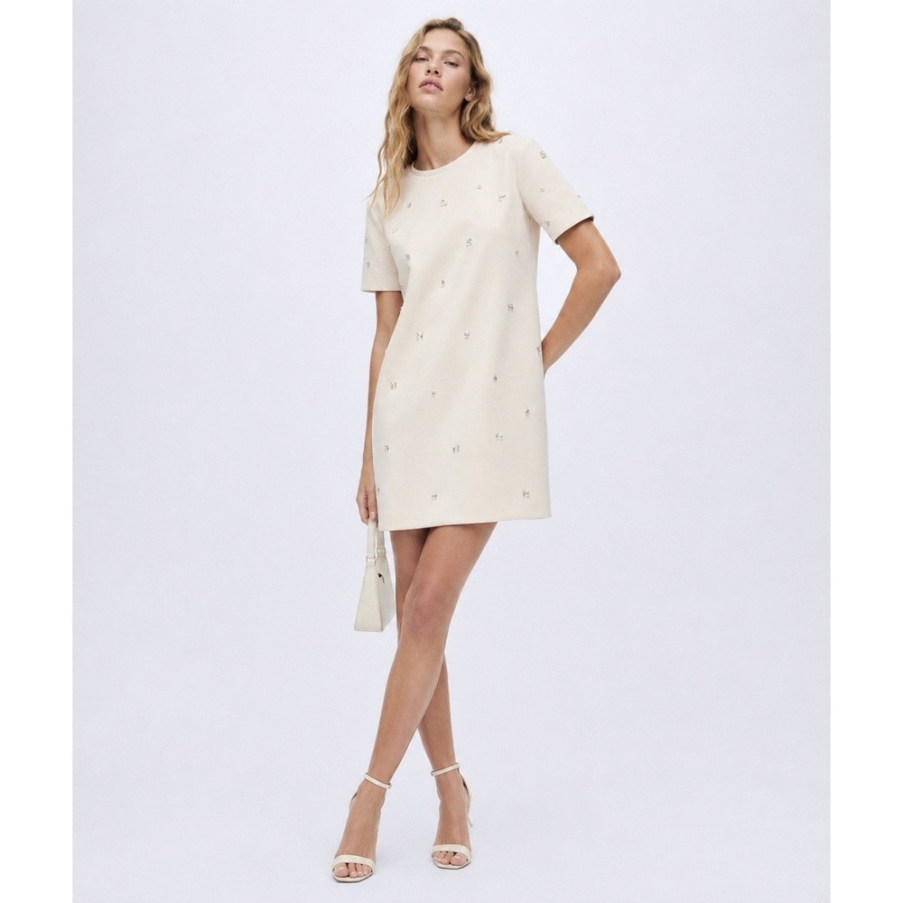 Zara Faux Suede Rhinestone Embellished Shift Mini Dress XL Cream/Ivory - Picture 1 of 13
